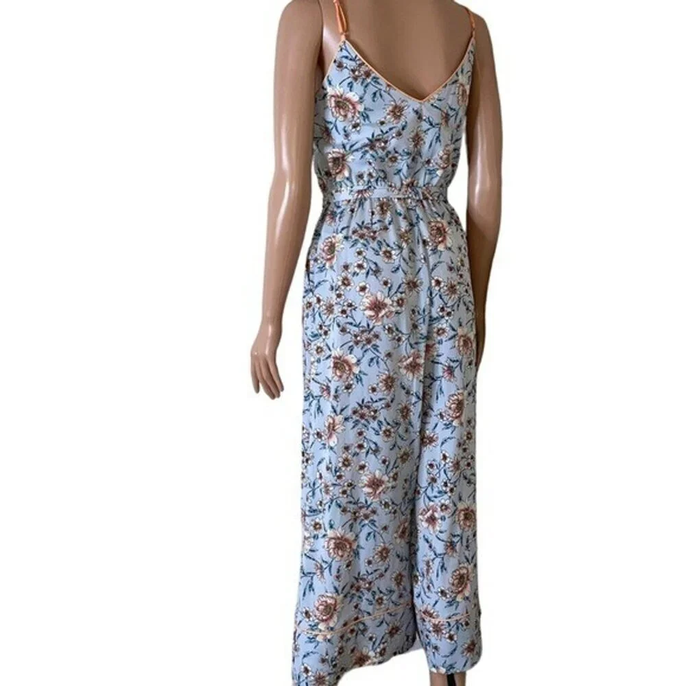 Leith Womens Kelsey Floral Wide Leg Jumpsuit Belt Lined Spring Wedding XXS blue